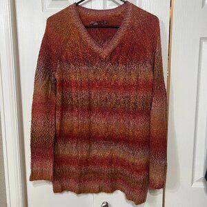 Prana Leisel Cable Knit Orange Red Stripe Soft Acrylic V Neck Sweater Wm L Cozy